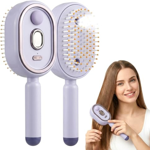 XAVURO-Cepillo de vapor eléctrico, peine de masaje con cojín de aire con spray, cepillo alisador desenredante antiestático inalámbrico (Purpura)