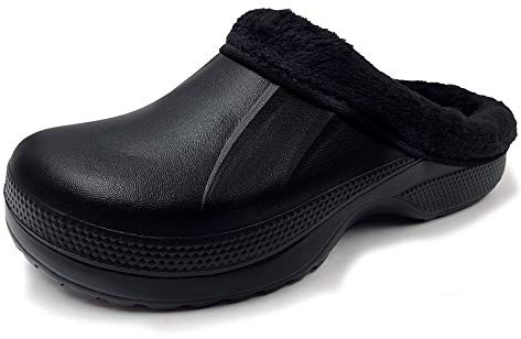 Amoji Winter Fur Lined Garden Shoes Waterpoof Outdoor Slippers Fleece Clogs Fuzzy Clogs 1534 Black 11-12 Women/8.5-9 Men