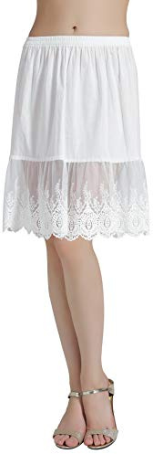 BEAUTELICATE Underskirt Half Slip with Lace Trim 100% Cotton Petticoat Vintage Skirt Extender Ivory Black Knee Long(Ivory - 24'' Long, M)