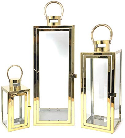Allgala 3-PC Lantern Set 23 Inch Jumbo Deluxe Modern Indoor/Outdoor Candle Lantern Set Stainless Steel Frame Tempered Glass Rectangular Gold Color for Garden Poolside Fireplace Wedding
