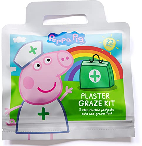 Peppa Pig Childrens Plaster Graze Kit / x22 Units / 6 Wound Wipes / 16 Plasters in 3 Sizes/Latex Free/Hypoallergenic/Wash Proof/Breathable/CE Certified/Resealable Pouch for Days Out.
