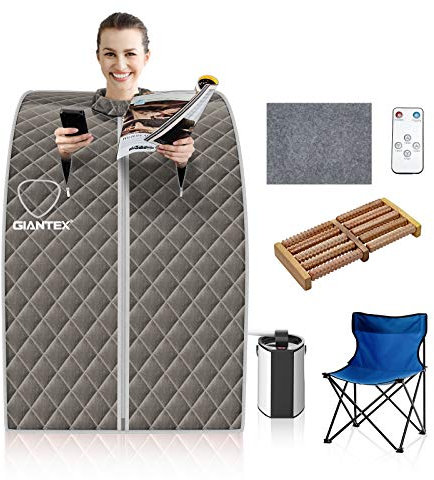 GOPLUS 1000W Sauna de Vapor 3L hasta 64℃, Caja de Sauna Plegable con Silla, Carpa de Sauna con Temperatura Ajustable, Cabina de Sauna Portátil con Ajuste de Temporizador, Gris