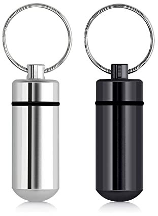 kwmobile 2x Metall Pillendose - 4,8 x 1,7 x 1,7 cm - Tablettendose Box mit Ring - Pillenbox Kapsel - Dose für Medikamente in Schwarz Silber