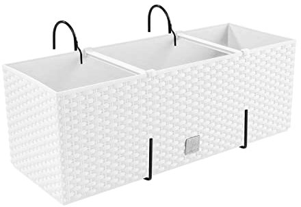 Fioriera, vaso per fiori effetto rattan con supporto, fioriera da balcone, vaso per piante, bianco