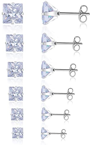 6 pares Pendientes de Tuerca de Circón Pendientes de Tuerca Hipoalergénicos Cuadrados de Acero Inoxidable de 3-8 mm Pendientes de Cartílago con Parte Posterior Plana para Hombres y Mujeres