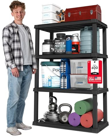 IRIS USA 4-Shelf Heavy Duty Plastic Storage Shelves, 600lb Capacity, 56 H x 36 W x 18 D, Large Modular Shelving Unit Storage Organizer for Garage, Home, Warehouse & Gym, Storage Rack - Black
