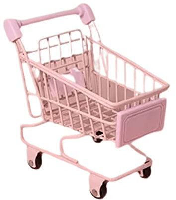 VIONNPPT 1:12 Puppenhaus Miniatur Supermarkt Handwagen, süß Metall Shopping Wagen, Mini Einkaufswagen Spielzeug Modell, Puppen Dekor Geschenk (Rosa)