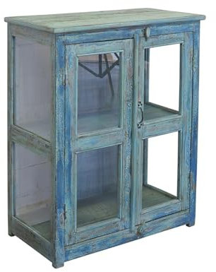 Indische Vitrine in Türkis | Glasschrank aus recyceltem Altholz | Vintage Vitrinenschrank B: 72 cm (11068)