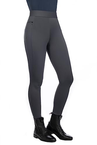 HKM Damen Reitleggings Isabella mit Silikon-Vollbesatz |Damen-Reithose mit Handytaschen Links und rechts und Reißverschlusstasche | Bequemer Komfortbund | grau