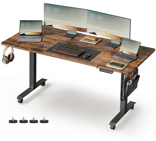 VASAGLE Höhenverstellbarer Schreibtisch elektrisch, 70 x 160 x (72-120) cm, stufenlos verstellbar, Memory-Funktion mit 4 Höhen, vintagebraun LSD176X01