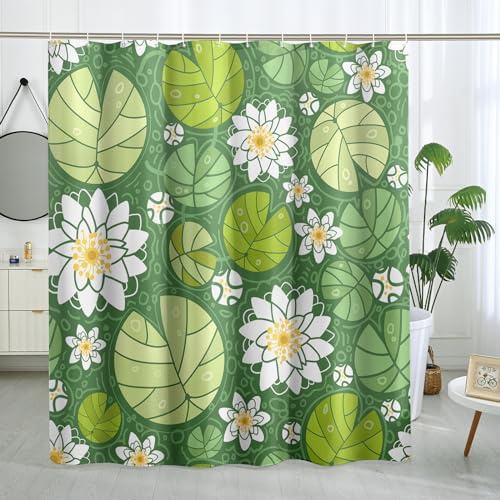 TPHIHPT Cartoon Water Lily Shower Curtain Cute White Lotus Pattern Shower Curtains Green Nature Pond Floral Theme Bathroom Decor Polyester Fabric-72 x 72