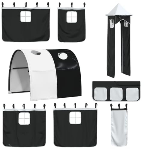 vidaXL Vorhänge, Vorhang Set für Hochbett Spielbett Kinderbett, Bettvorhang mit Tunnel Turm, Spielvorhang Unterbettvorhang Kinderzimmer, Weiß Schwarz