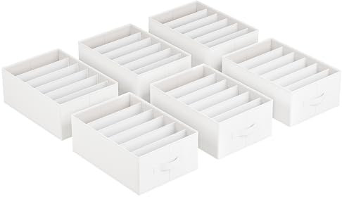 SONGMICS Set di 6 Organizzatori per Armadio a 6 Scomparti, Scatole per Biancheria Pieghevoli, Contenitori per Guardaroba, 42 x 30 x 17 cm, per Pantaloni, Vestiti, Bianco Nuvola RUS009W03