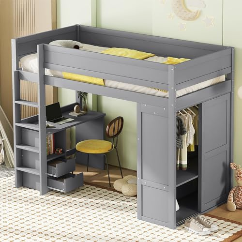 Idemon Cama alta 90 × 200 cm con armario y escritorio (gris, madera maciza, sin colchón), cama infantil con 2 cajones y espacio de almacenamiento multifuncional, diseño elegante para área de estudio y