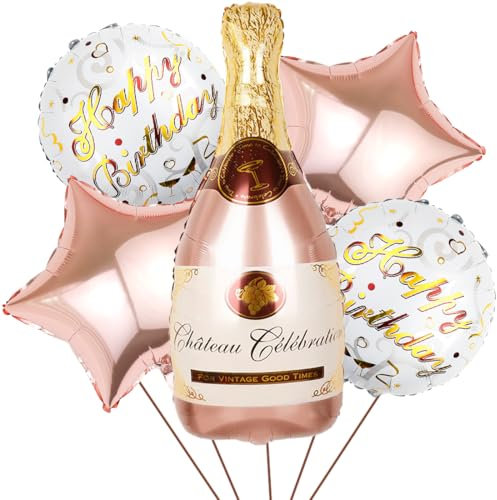 5 Pièces Ballons Champagne, Bière Thème Ballon, xxl Ballon de Or Rose Vin Géants, Ballon à Hélium Bouteille de Champagne, Étoile Rose Ballons en Aluminium pour Anniversaire Vacances Mariage Soirée