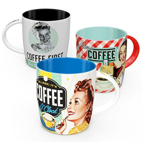 Nostalgisk konst retro kaffekopp (set med 3), 330 ml, kaffeset 2 – presentidé för kaffefans, keramikkopp, vintage design