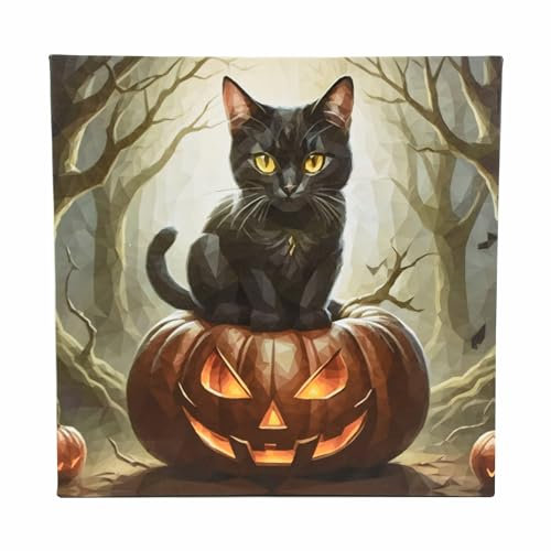 Nexos Trading LED Wandbild Beleuchtung 40x40 cm 4 LED Fotodruck Kunstdruck Leuchtbild Halloween Batterie Timer 9 LED Katze auf Kürbis