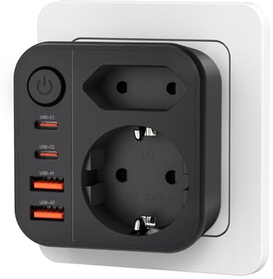 Cubo Enchufe USB 7 en 1, Ladron Enchufes Múltiple Pared con 4 Tomas de CA，Regleta Cubo con 1 USB A y 2 Tipo C, Cargador Rápido para Oficina, Cocina y Habitación, Negro