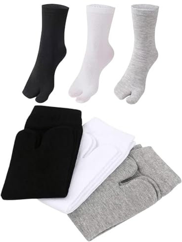 Makoto Nobu 6 Paar Unisex Tabi Flip Flop Socken, geteilte Zehensocken, elastische Geta Socken Baumwolle Split Toe Socken (schwarz, weiß, grau)