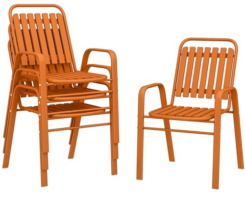 Outsunny Lot de 4 chaises de Jardin chaises empilables d'extérieur avec Haut Dossier et accoudoirs, Cadre en Acier pour Jardin, Piscine, terrasse, Orange