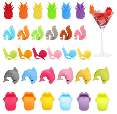 Minfuerang Segnabicchieri in Silicone,Pennarelli Bevande Alimentare,Adatti per Cocktail,Champagne,Ideale Matrimoni Natale (30 Pezzi)