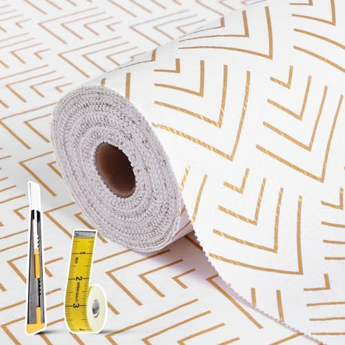 Drawer Liners for Kitchen Cabinets 30x300cm Shelf Liner | Non Adhesive, Non-Slip, Thickened Paper, Easy to Clean, Gold Arrow with Knife and Tape Measure