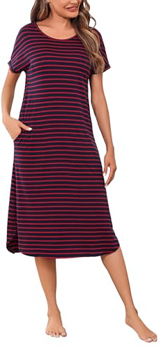 Litherday Camicia da Notte Donna Lunga Cotone Relax Blu Scuro E Rosso 3XL