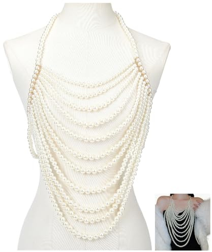 CABODYALS White Pearl Shoulder Chain Sexy Layered Necklace Imitation Pearls Round Beaded Boho Top Body Chains Multilayered Jewellery for Women Gown Party Decor Wedding Costume Cosplay Accessories Gift