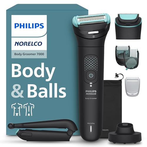 Philips Norelco Body Groomer serie 7000, Groomer per tutto il corpo, testina flettente 2D che segue i contorni, sistema di rasatura tripla protezione e rasoio per capelli intimi, 100% impermeabile