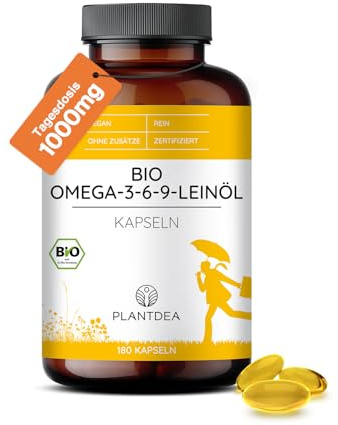 PlantDEA Bio Omega-3-6-9-Leinöl Kapseln I 2000mg Tagesdosis I 180 Omega-3-Kapseln hochdosiert I laborgeprüft I Omega-3 Pulver I veganes Omega-3-6-9-Leinöl-Präparat I Ohne Zusätze