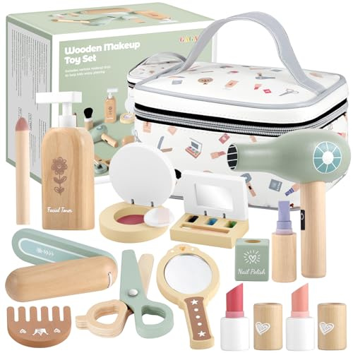 GAGAKU Juego de maquillaje de madera para niñas a partir de 3 años, juego de maquillaje infantil de madera con accesorios realistas como lápiz labial y espejo, juego de cosméticos perfecto para niños