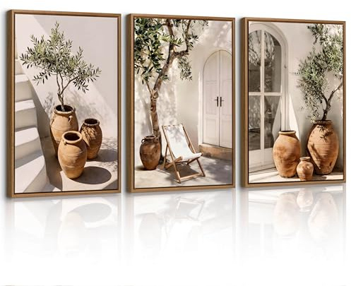 3Pcs Quadri Moderni Rustico Natura Morta Botanica Stampa Su Tela Con Cornice, Rustico Alberi in Un Vaso Stampe Da Parete Vintage Poltrona Scala Quadro Decor Per Soggiorno Camera da letto 40x60cmx3