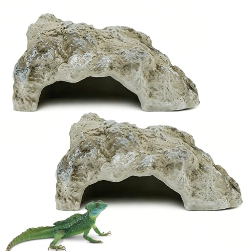 2PCS Reptile Hide Rock Hideout Cave, Tortoise Snake Frogs Lizards Hide Terrarium Habitat Decor Basking Platform Cave Ornament Amphibians Small Fish Turtle Tank Accessories