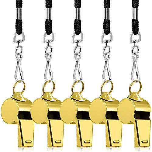 FineGood 5 Packs Stainless Steel Whistle, Loud Metal Whistle with Lanyard for Referees Coaches Football Basketball - Gold