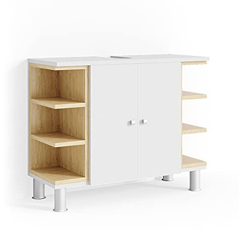 Vicco Waschbeckenunterschrank Aquis, Waschtischunterschrank, Weiß/Sonoma, 79 x 64 cm