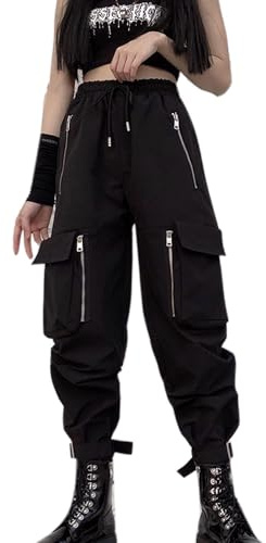 MEINVQIAOTI Black Cargo Pants Women Loose Chained Pants Multi-Pocket Multi-Zip Punk Goth Pants