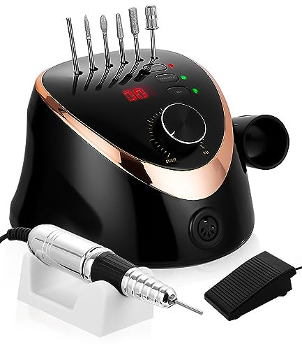 Torno para Uñas Profesional 35000 RPM Eléctrico Manicura Pedicura Lima de Uñas con 6 Brocas Pulidor Broca,Pedal,Pantalla LED Eléctrica del Taladro del Clavo para Salón DIY/Lima de Uñas Pedicura-Negro