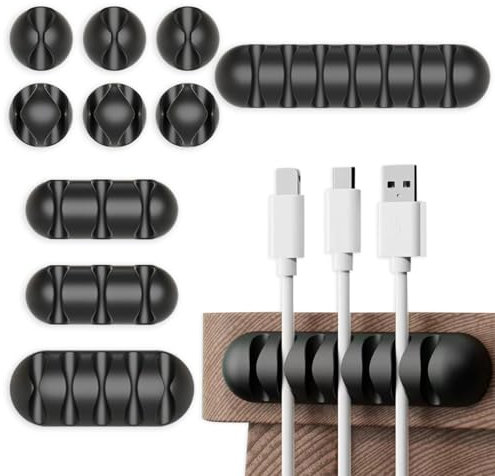 Clips Câble Organisateur Bureau, Lot de 10 Auto-adhésifs Support de Câble, Organisateur de Cordon, Gestion des Cables, Câble Management pour USB Câbles de Chargeur/Souris/Écouteur/PC, Noir