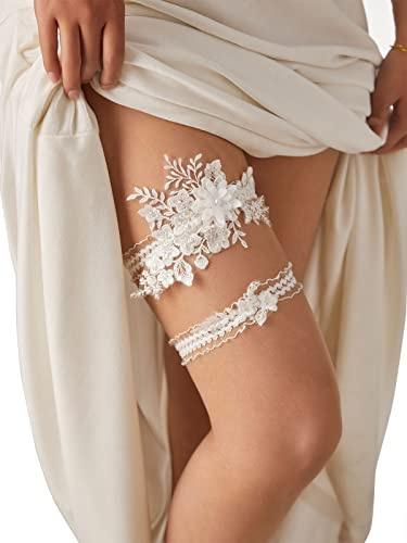 Aprildress 2 Pieces Wedding Garter Set for Bride with Stretchy Soft Lace Band PGT400-Waterlily-WH