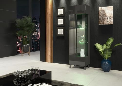Furneo Azzurro 12G – Grey Display Cabinet, High Gloss & Matt Finish, 50 x 182 cm, Glass Doors with RGB LED Lights