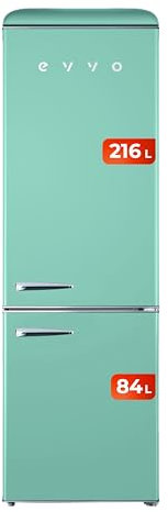 EVVO Frigorífico Combi, Acabado Retro, Refrigerador 216 litros, Congelador 84 litros, diseño vintage, cajón Crisper Zone, Turbo fan, libre de gas CFC, Silencioso F55 (Color Verde Pastel)