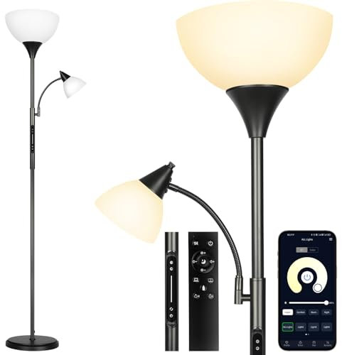 OUTON LED Dimmable Floor Lamp with Touch Control & Remote & App Control, Uplighter Mother and Child Floor Lamp with Reading Lamp, 1 Hour Timer, Tall Standing Lamp for Living Room, Bedroom, Office