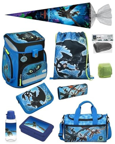 Familando Jungen Schulranzen 1. Klasse · Scooli Easy Fit Schultasche · ergonomisch & leicht · Schulranzenset für Jungs und Mädchen (10-teiliges Set mit Schultüte, Dragons Drachen Blau)