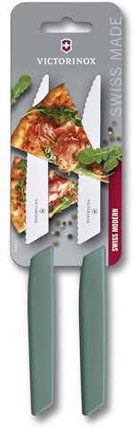 Victorinox Swiss Modern, Steak & Pizzamesser, Set 2-teilig, 12cm, Extra Scharfer Wellenschliff, Spülmaschinenfest, Sage
