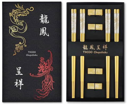 Bacchette in Metallo Riutilizzabili in Acciaio Inossidabile 18/8 Bacchette Cinese Drago e Phoenix Bacchette con Supporto Cinese Tradizionale Elegante Regalo Set (4 Paia) ﻿ (Oro)