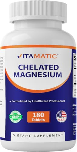Vitamatic Chelated Magnesium 300mg (Per 1 Tablet) - 180 Tablets - as Amino Acid Chelate & Oxide - Supports Muscle, Nerve, and Heart Health - Non-GMO, Vegan, Gluten Free, & Made in the USA
