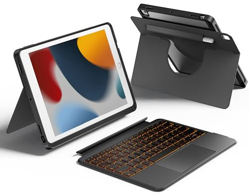 HOU Combo Teclado iPad 9.ª generación(10,2,2021),8.ª 2020/7.ª generación 2019.Trackpad multitáctil, retroiluminación de 7 Colores,giratoria y Desmontable,Modo Vertical/Horizontal,Español Ñ Negro.