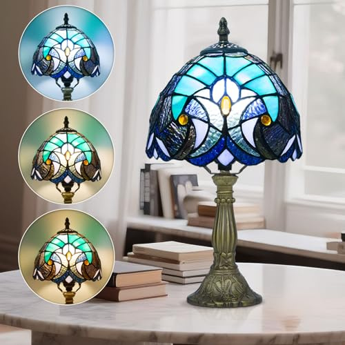 Ppbmocw Small Tiffany Style Lamp, Stained Glass Table Lamp for Living Room, Bedside, Reading, 8 inch Vintage Mini Desk Light Included 3 Color Temperatures E27 Bulb (Blue Baroque)