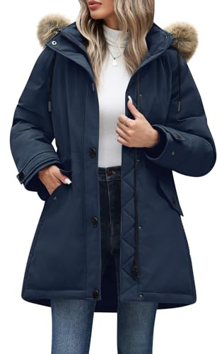 CMTOP Giacca Invernale Donna Media Lunga Cappotto Impermeabile Calda Comodi Antivento Parka Giubbotto Elegante Moda con Cappuccio Staccabile in Pelliccia Jacket Slim Fit con Zip Tasche(Blu Navy, M)