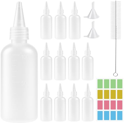 Ferenando 12 Piezas Botellas Exprimible Aceite de Plastico Reutilizable, 100ml Botella de Salsa, Squeeze Bottle con Escala Tapa de Punta, Dispensador de Botellas para Ketchup, Salsas, Aceite de Oliva